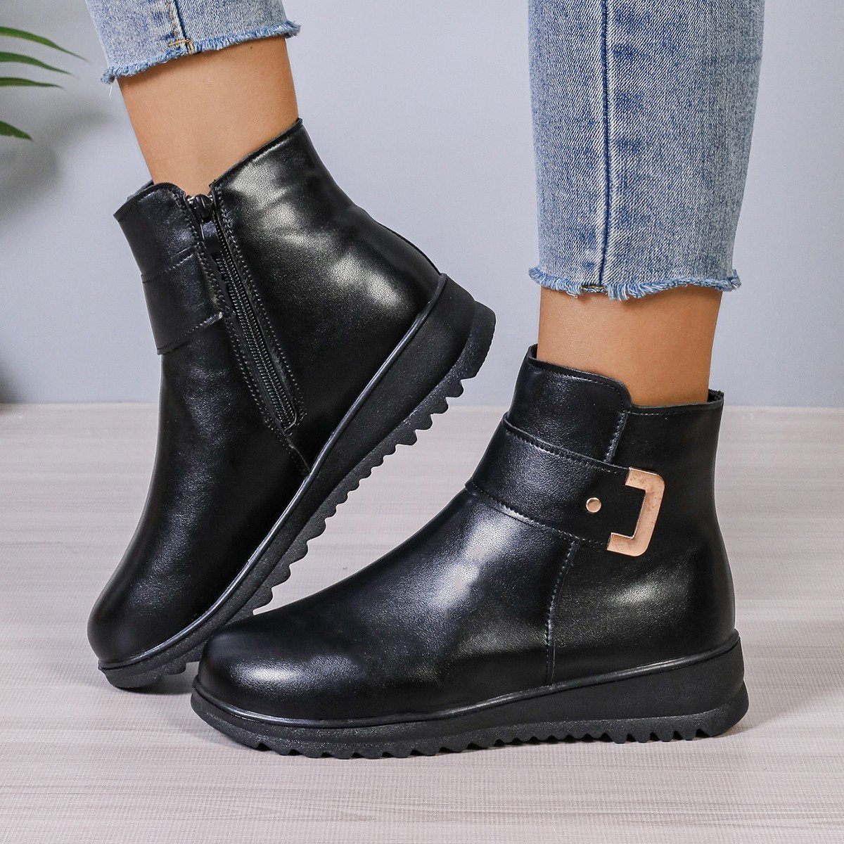 Winter Fleece Boots With Side Zipper Design Fashion Simple Non-slip Ankle Boots For Women Warm Pu Leather Shoes – Bild 5