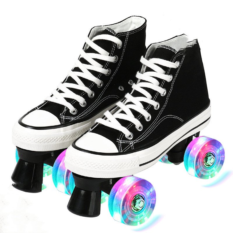 Canvas Black White Double Row Skates Adult Flash Roller Skating Rink Roller Skates – Bild 3
