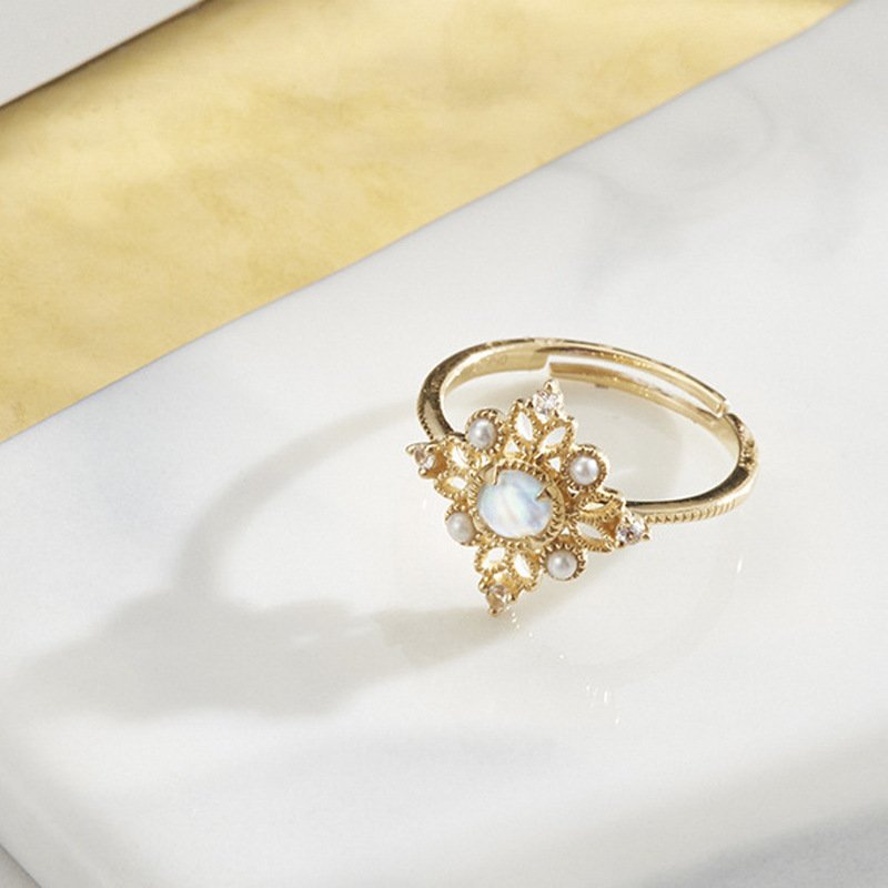 Vintage Openwork Pearl Ring Natural Moonstone – Bild 5