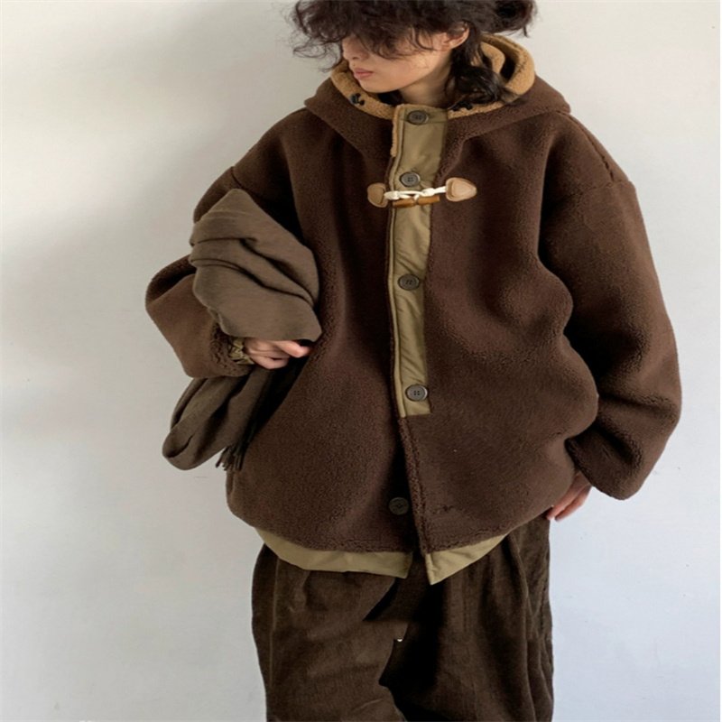 Japanese-style Retro Single-breasted Horn Button Polar Fleece Cotton-padded Coat For Men And Women
