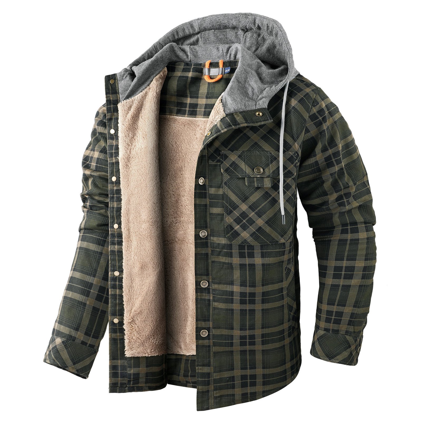 Men's Long-sleeved Fleece-lined Hooded Plaid Shirt Autumn Winter Coat Cotton-padded Jacket – Bild 7