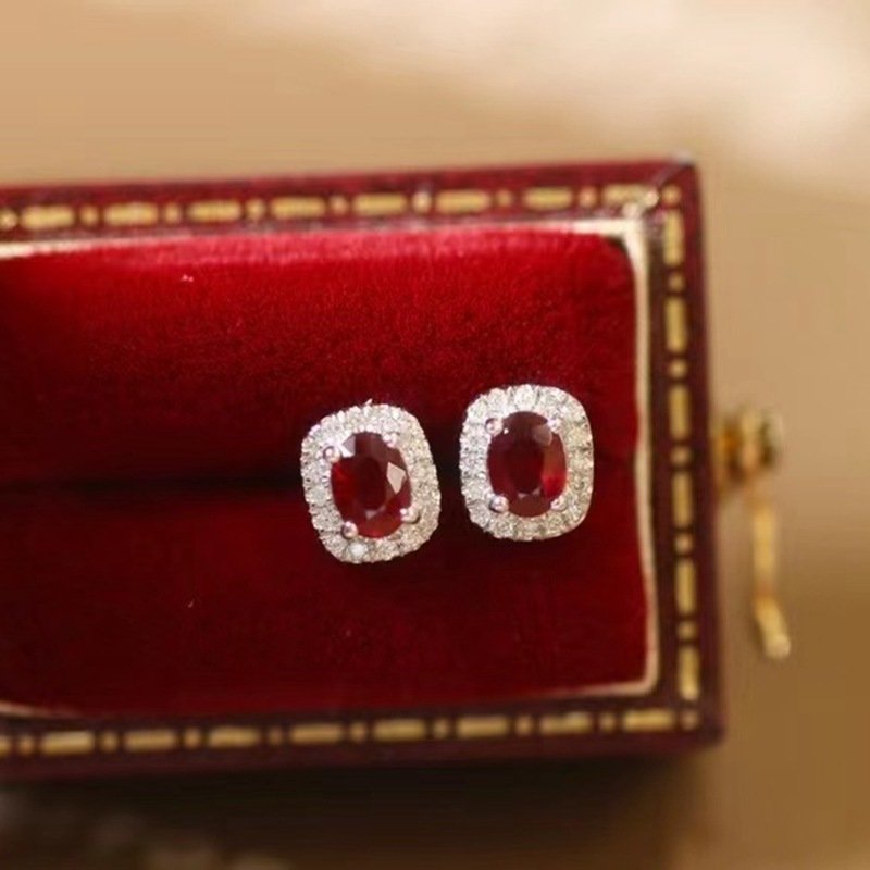 Real Gold Natural Ruby Diamond Stud Earrings Pigeon Blood Red Color – Bild 5