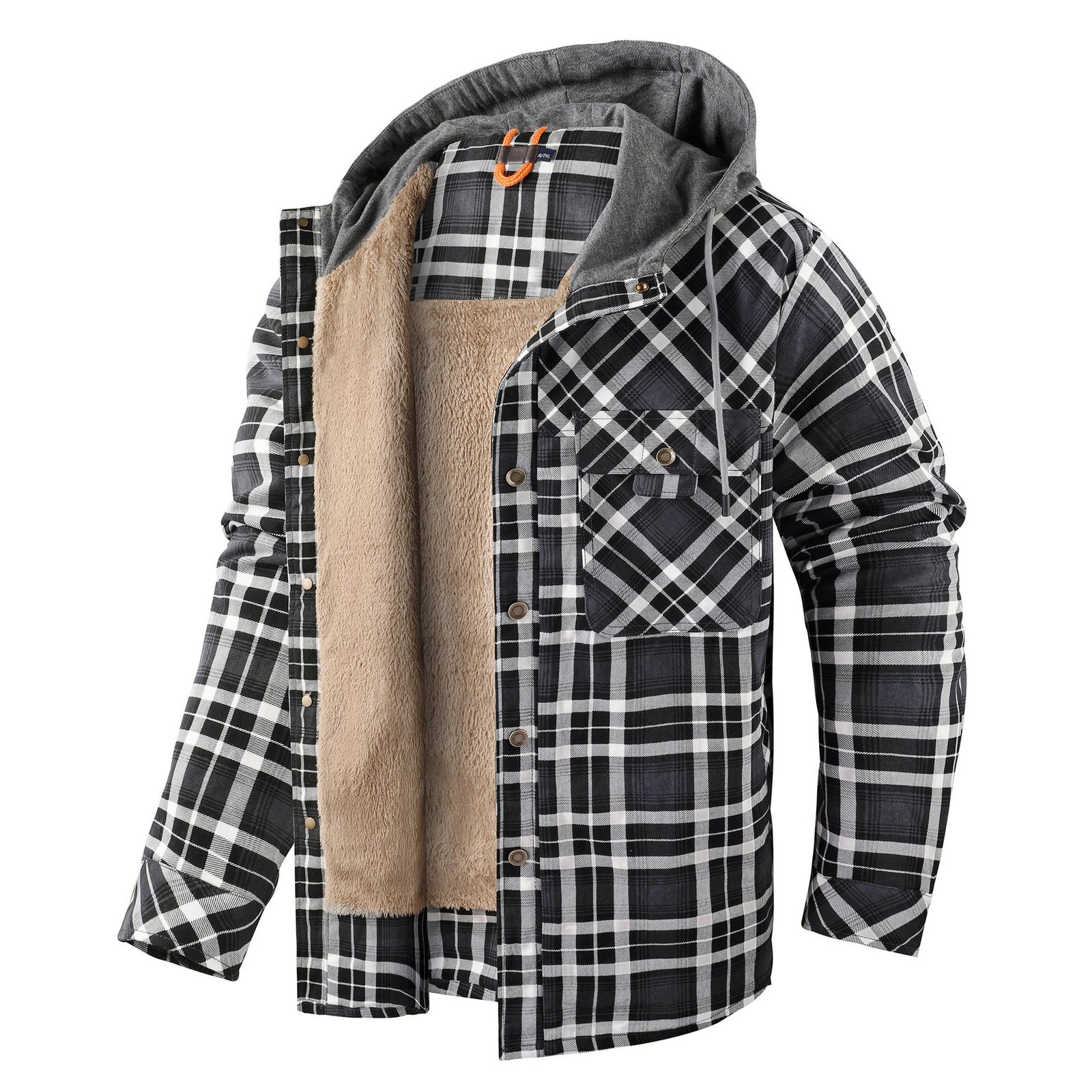 Men's Long-sleeved Fleece-lined Hooded Plaid Shirt Autumn Winter Coat Cotton-padded Jacket – Bild 5