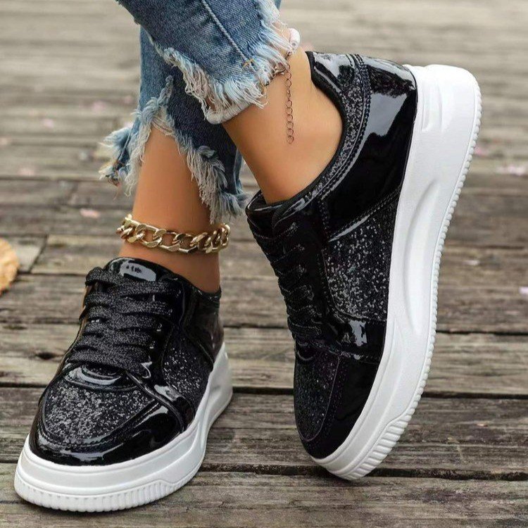 Fashion Lace-up Flat Shoes With Sequin Design Casual Sports Thick Bottom Round Toe Shoes For Women Non-slip Walking Sneakers – Bild 2