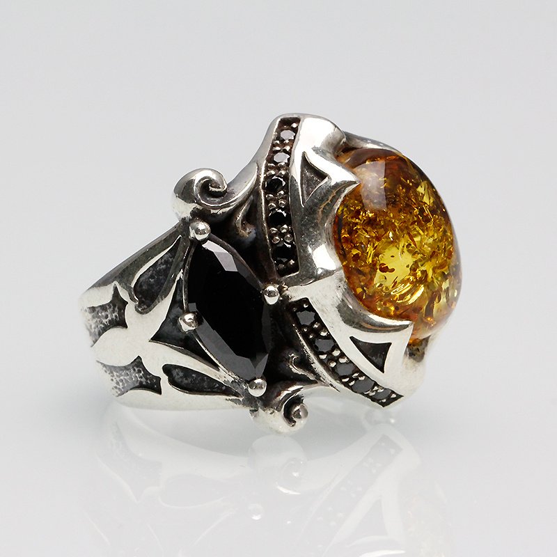 925 Thai Silver Ring Retro Gem Black Stone Amber – Bild 2