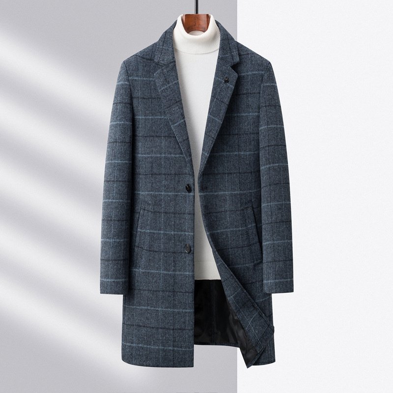 Autumn And Winter Woolen Coat Men's Mid-length Business Casual Plaid Cotton And Thickening Woolen Coat – Bild 8
