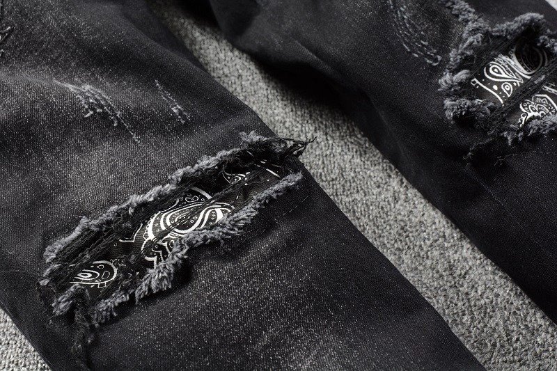 Black Cashew Flower Printed Patch Torn Jeans For Men – Bild 5