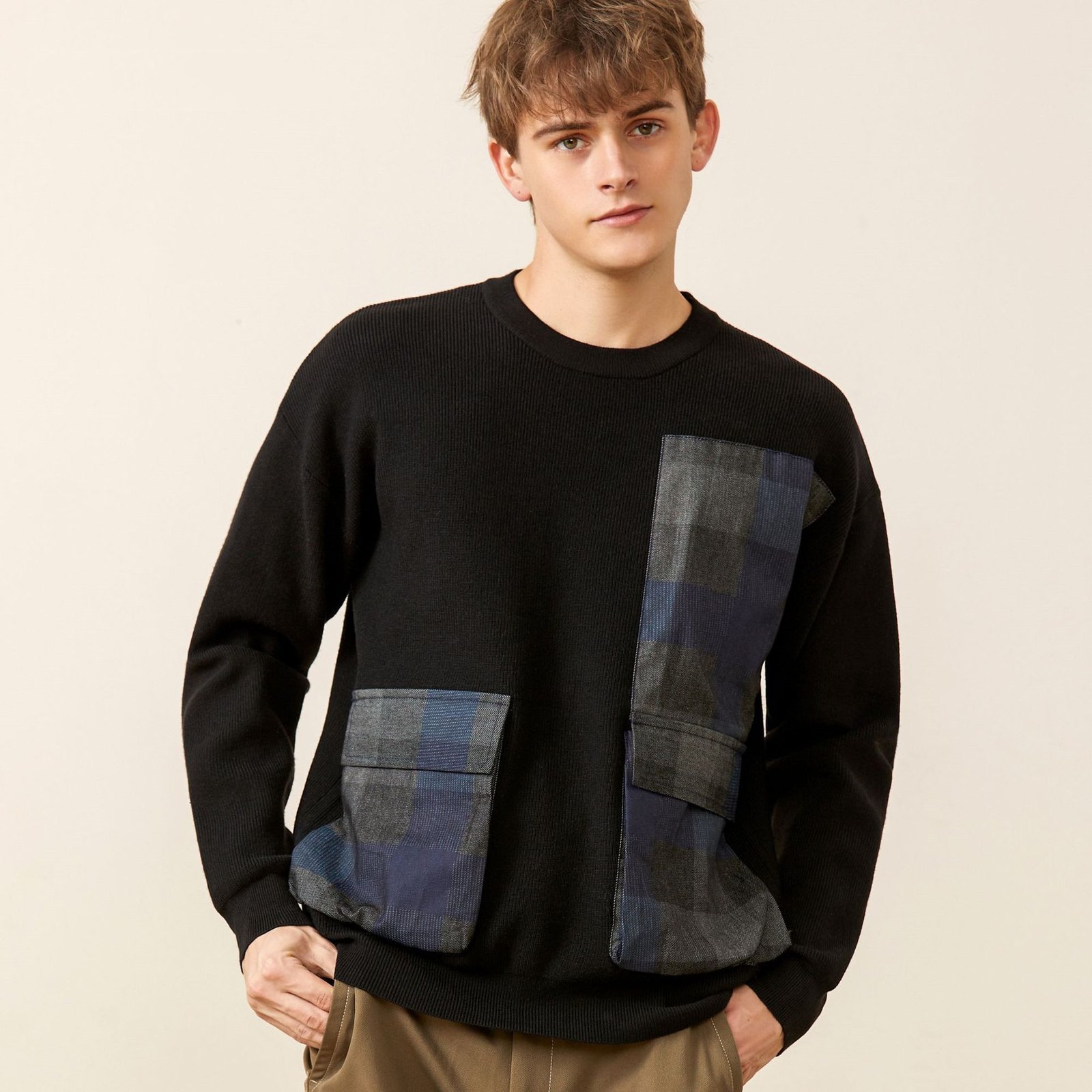Youth Symmetrical Plaid Big Pocket Decorated Sweater Men – Bild 7