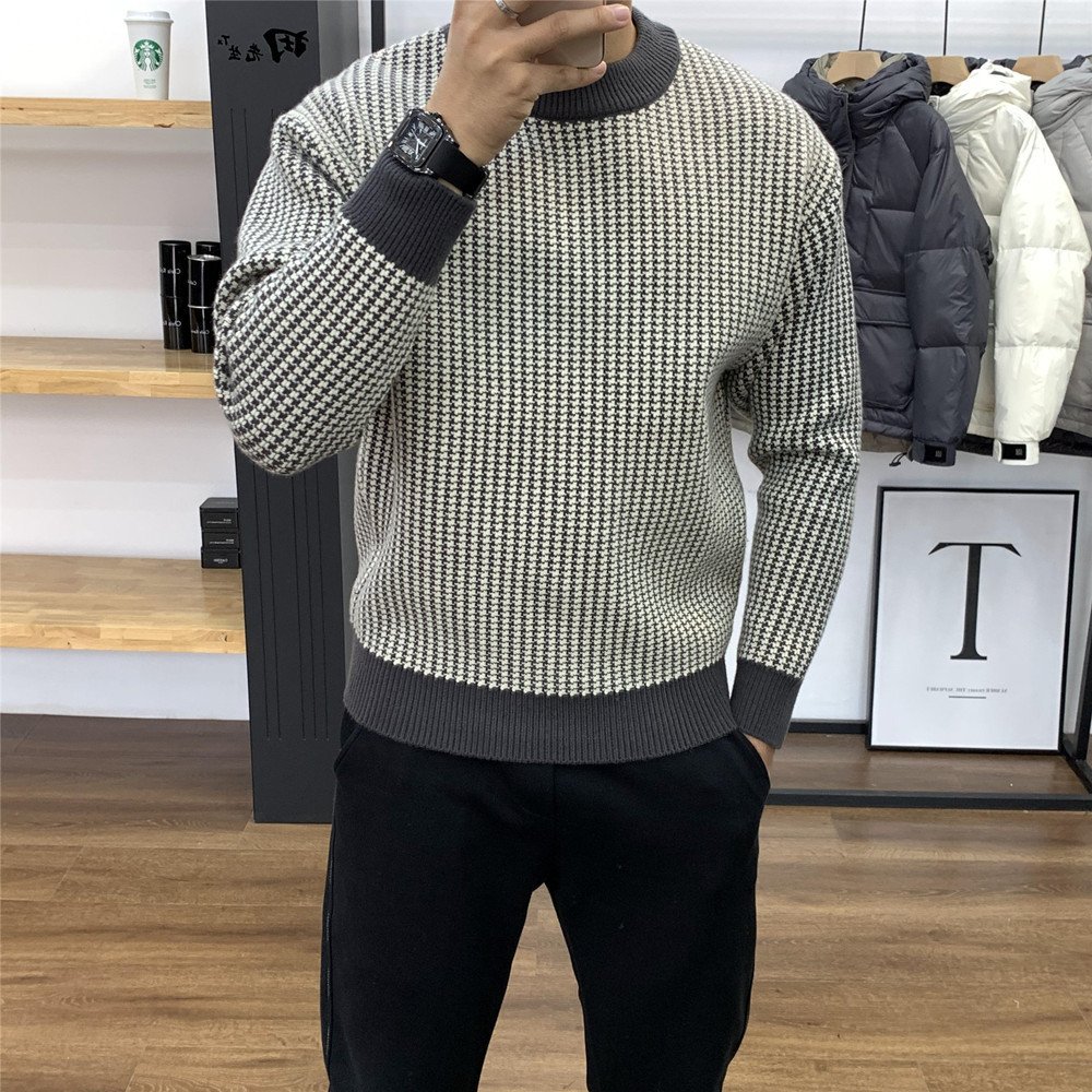 Round Neck Base Slim Fit Pullover Thick Plaid Sweater – Bild 2