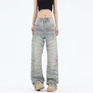 High Street American Washed Distressed Stitching Jeans With Whiskers Men
