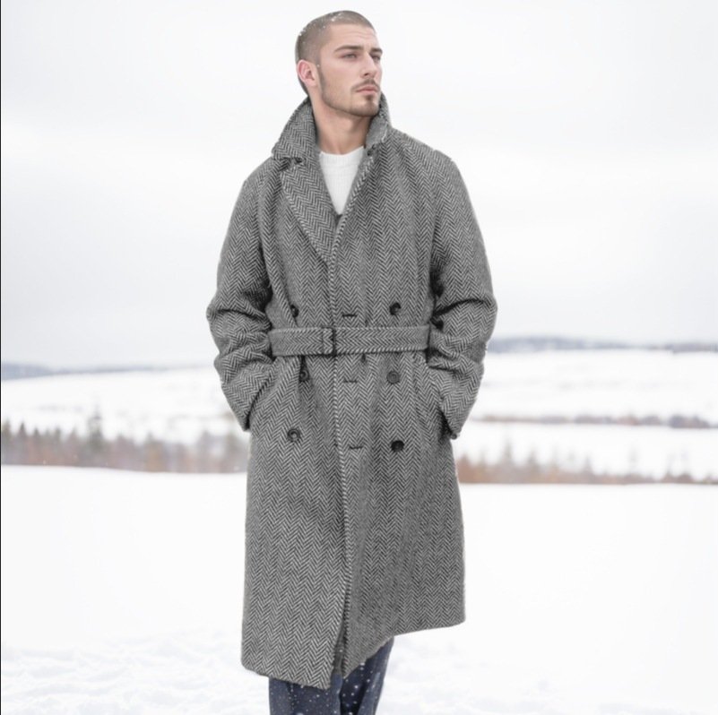 Fall Winter Men Mid-length Woolen Plaid Double Breasted Cotton Padded Thickened Coat – Bild 3