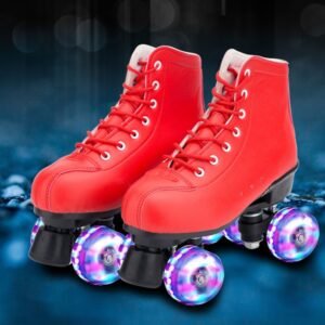 Big Red Cowhide Double Row Skates With Flashing Wheels And Wear Resistant