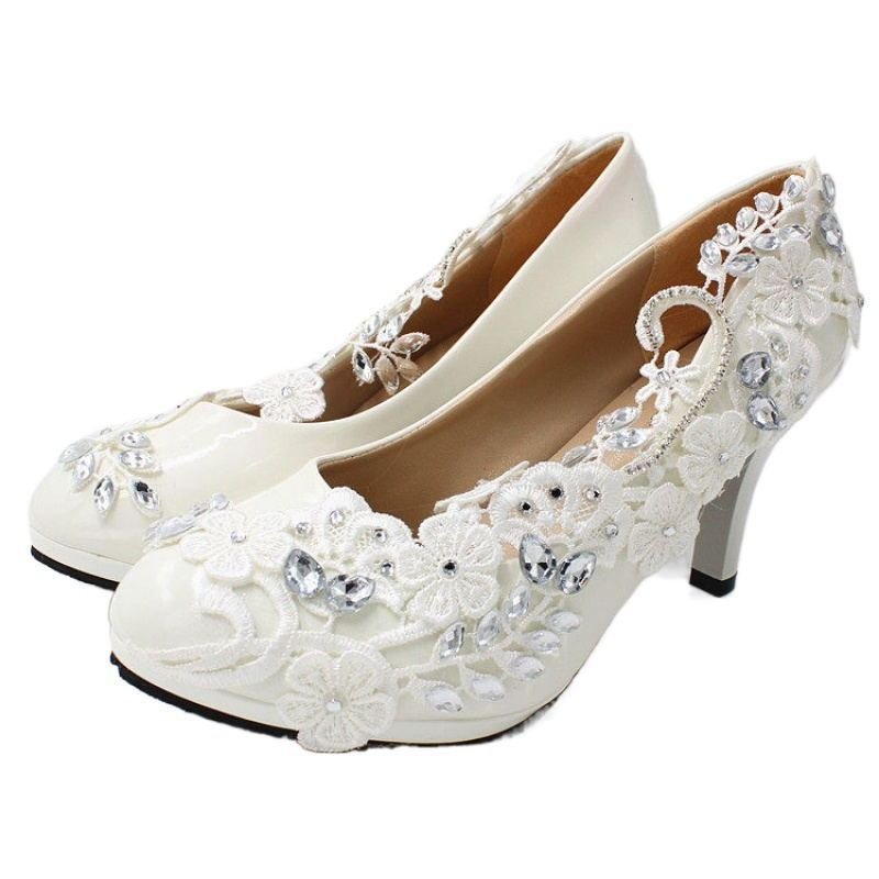 Oversized Women's White Wedding Shoes Round Toe Leather – Bild 5