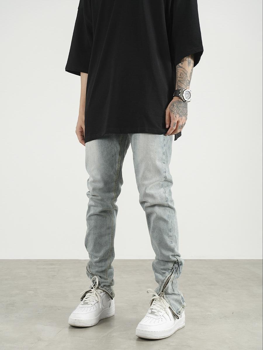 Men And Women High Street Scimitar Zipper Split Slim Jeans