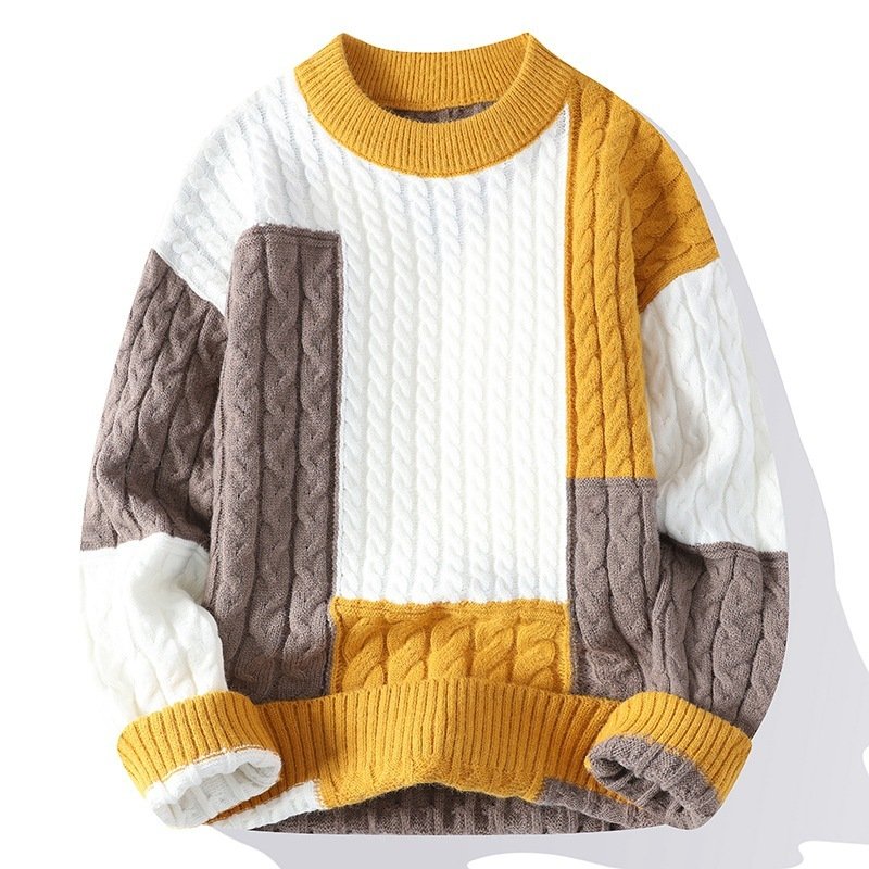 Men's Crew Neck Pullover Sweater Color Contrast Patchwork – Bild 7