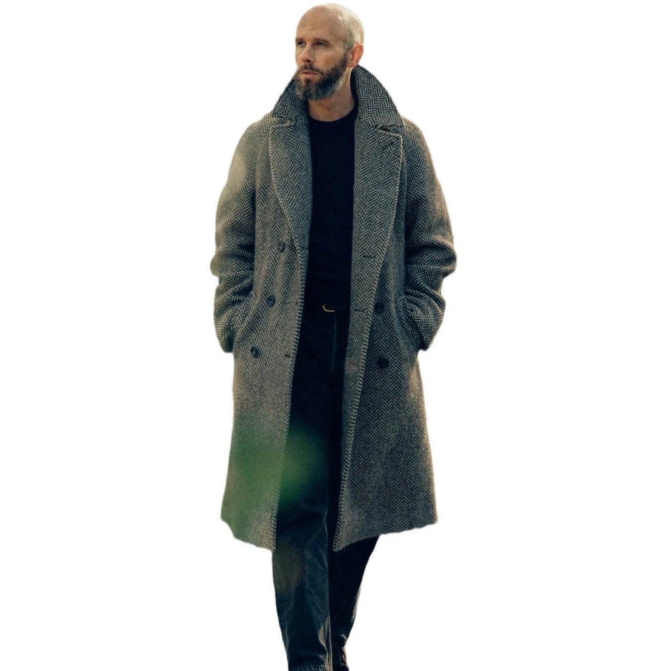 Fall Winter Men Mid-length Woolen Plaid Double Breasted Cotton Padded Thickened Coat – Bild 4