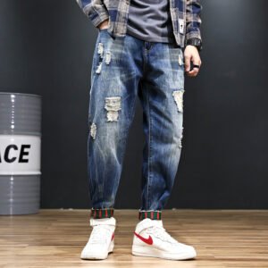 Men's Plus Size Loose Washed Jeans With Ripped Feet